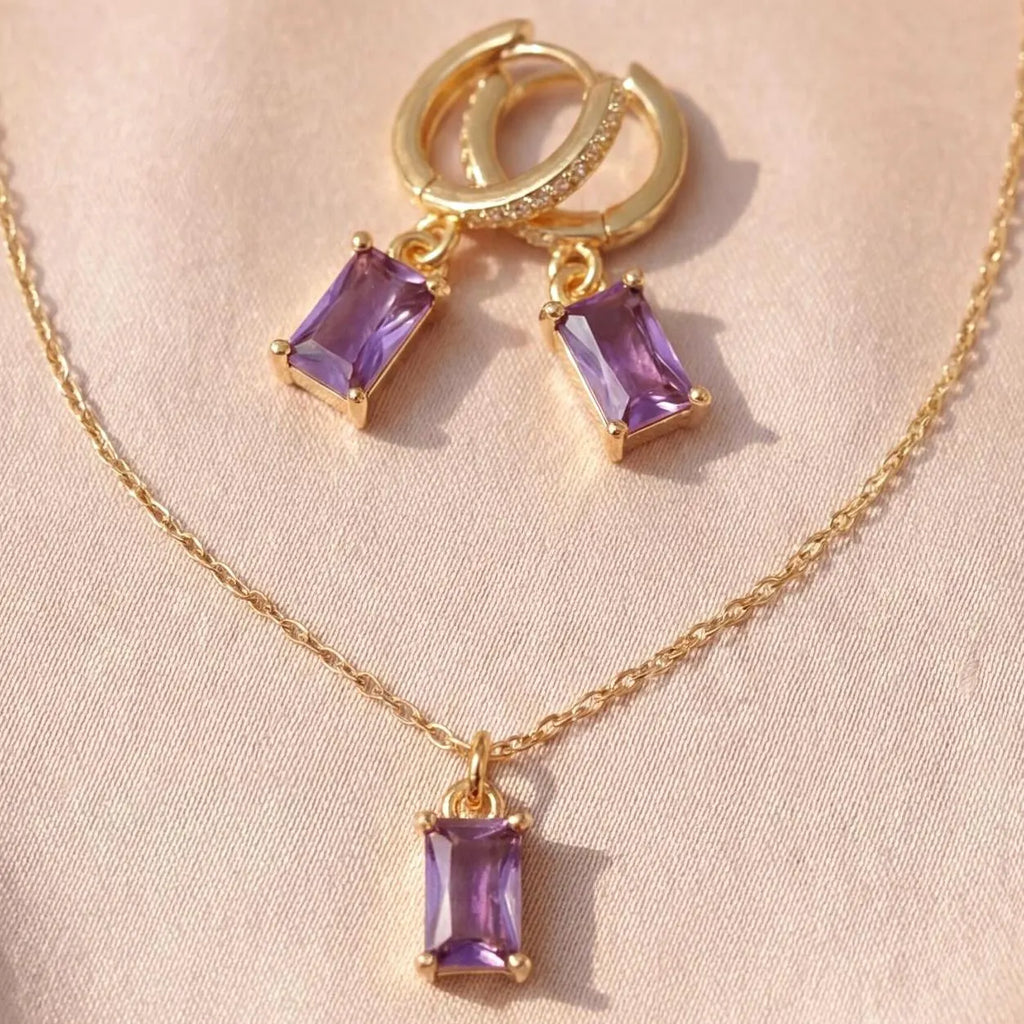 Amethyst Jewellery Set | Purple Baguette Necklace & Earrings 