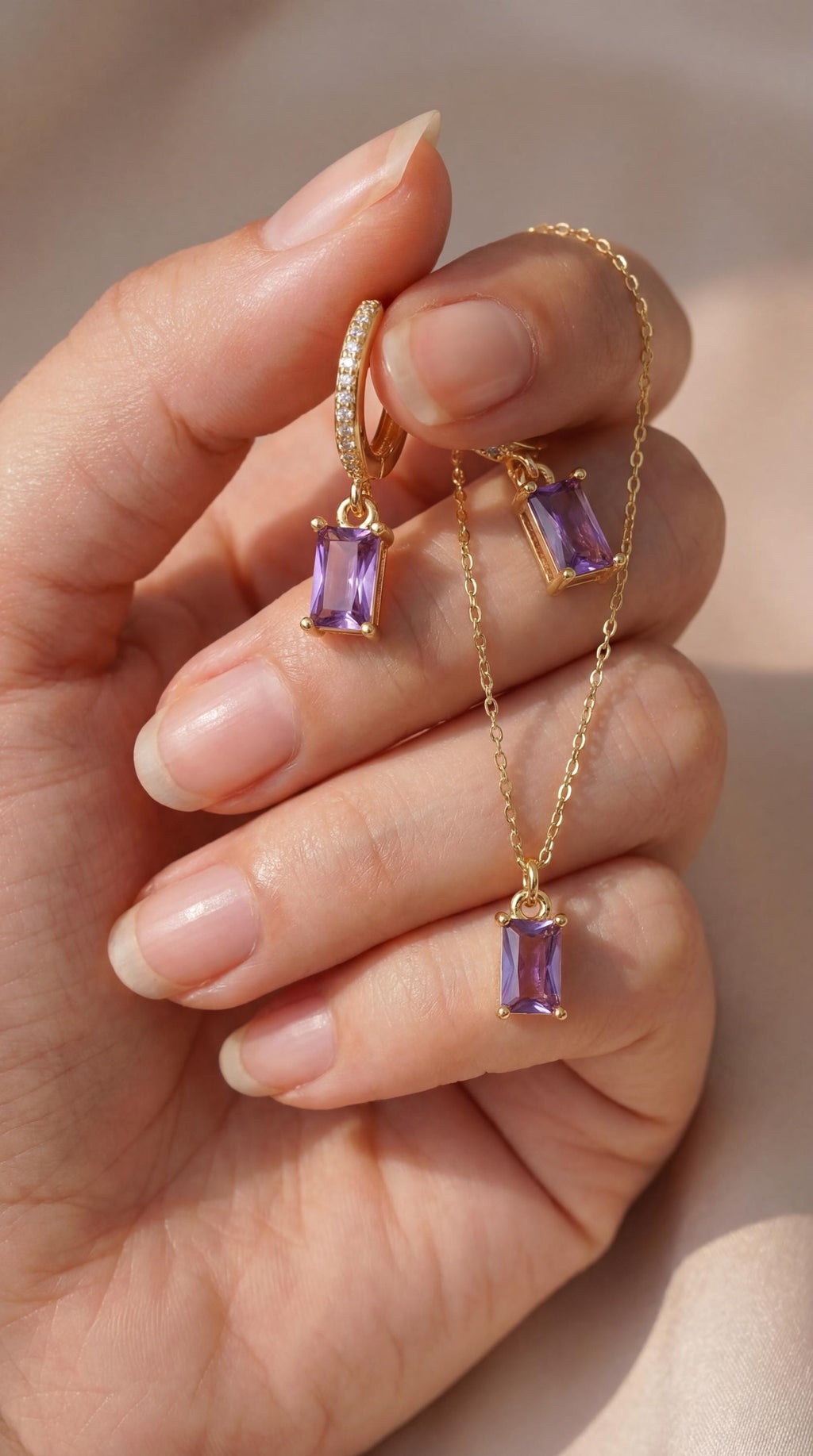 Amethyst Jewellery Set | Purple Baguette Necklace & Earrings 